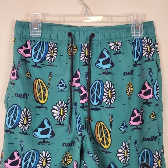 Neff Green Peace Mushroom Print Swim Trunks Size medium - Picture 2 of 8